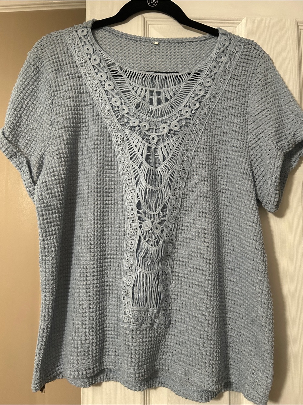 Light Blue Crochet-Trim Waffle Knit Women's Top